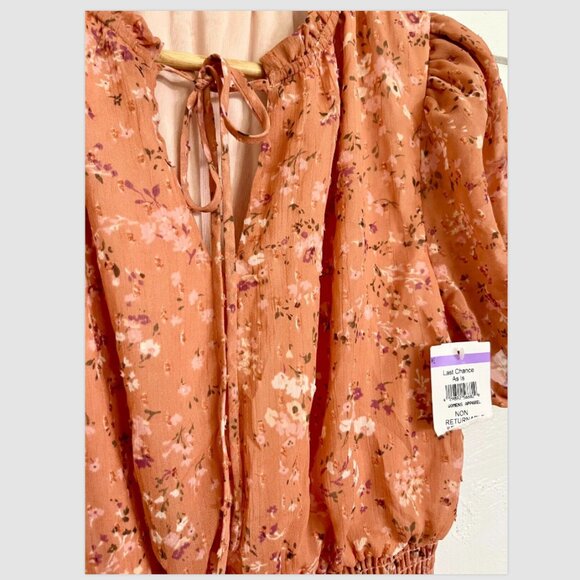 LUSH Women's Chiffon Mini S/S Dress Puff Sleeve Size M - Apricot Ditsy NWT - Picture 7 of 8